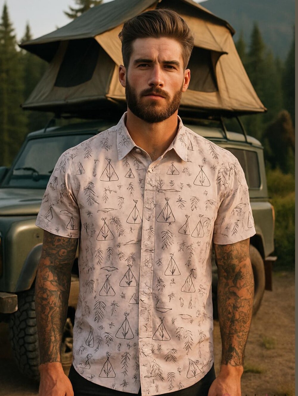 Short-Sleeve Camping Casual Button-Down Shirt Light grey Nature Print Petroglyph